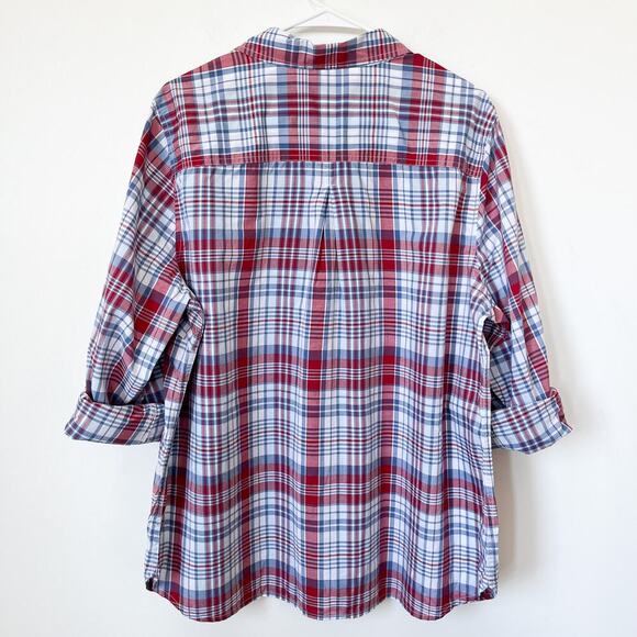 Talbots Woman 2X Red Blue Plaid Button Up Shirt Rolled Sleeve Summer Lightweight - Picture 4 of 9